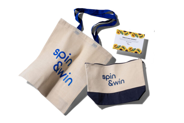 Spin & Win Summer packs print and production of beach bag and pouch  and thank you cards. Distributed to winners across the UK